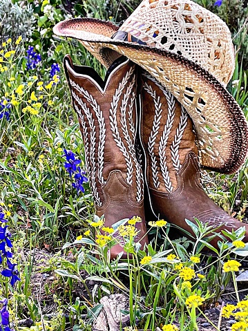 Rustic background of women’s western style boots and hat in field of wildflowers in rural Wyoming.