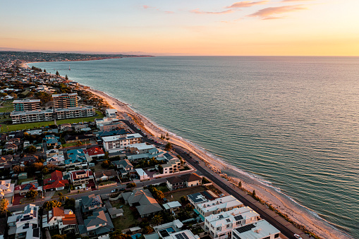 Aerial view of Brighton Beach coastline in Adelaide, SA, Australia at sunset