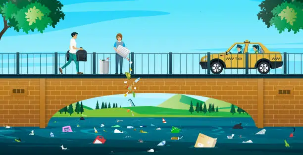 Vector illustration of Garbage in the river.