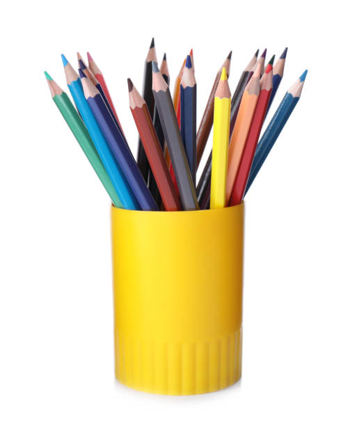 istock Many colorful pencils in holder isolated on white 1357341884