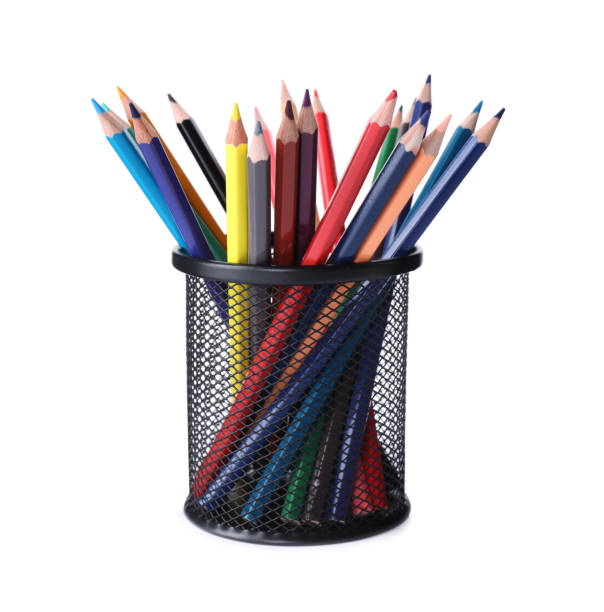 istock Many colorful pencils in holder isolated on white 1357342082