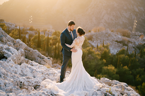 Bride and groom hugging on the rocky mountain. High quality photo