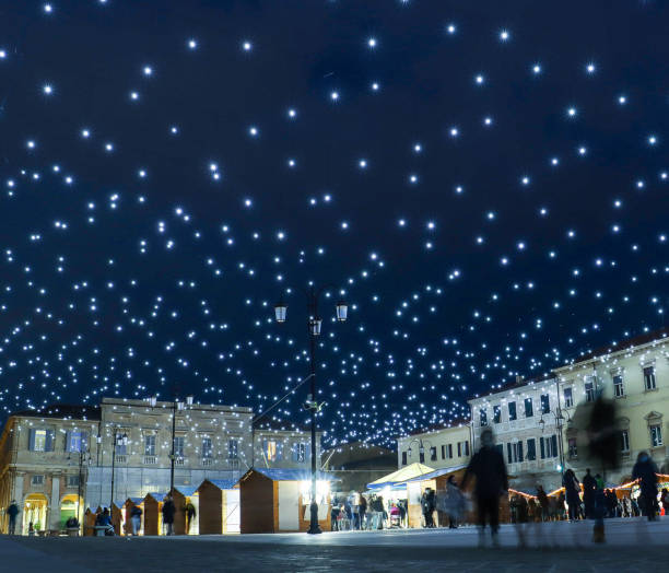 Senigallia, Italy - December 5, 2021: Piazza Garibaldi in Senigallia with Christmas lights (Marche, Italy). Central square of the city of Senigallia with Christmas decorations.