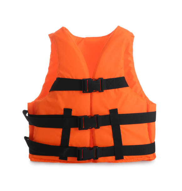 istock Orange life jacket isolated on white. Personal flotation device 1357345756