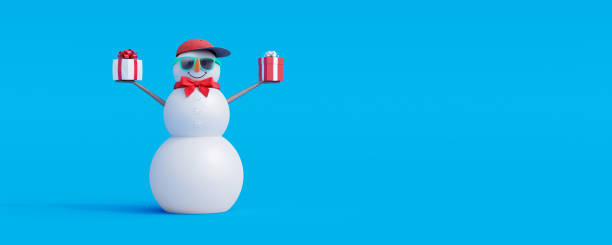 istock Snowman with gifts on blue background. Winter Holidays background 3d render 1357346035