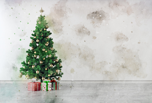 Christmas greeting card with a Christmas tree on beige spotted,  watercolor background and copy space. Watercolor effect on a 3D rendered image.