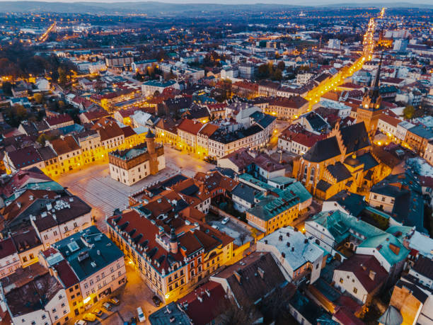 istock Town Square in Tarnow Poland at Twilight. Drone View 1357346063