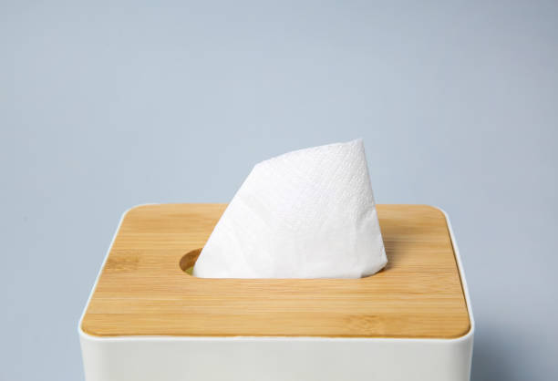istock Holder with paper tissues on light grey background, closeup 1357346258
