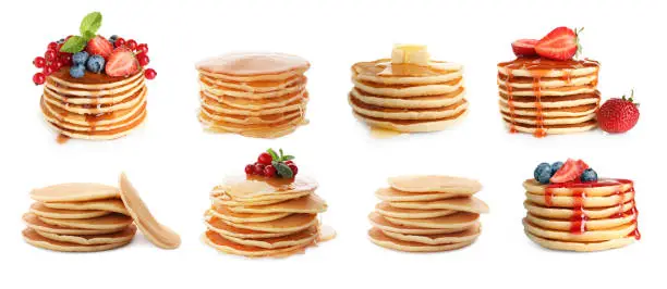 Set of delicious pancakes with different toppings on white background, banner design