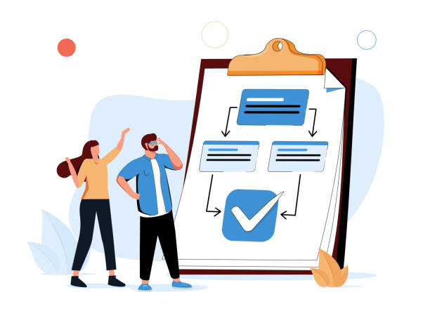процедура как рабочий процесс процесс шаг схема документировать концепцию крошечного человека. регулирование контрольных списков страте� - organization stock illustrations