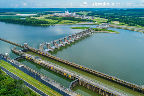 Overhead Shot of Dam and Lock on the Ohio River Overhead Shot of Dam and Lock on the Ohio River ohio river photos stock pictures, royalty-free photos & images
