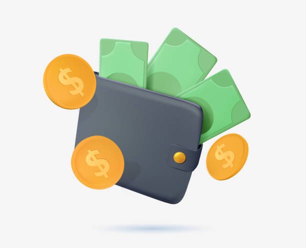 グリーン紙ドルと金貨を持つお金の財布。漫画でリアルな3dデザイン。事業金融投資 - 投資点のイラスト素材／クリップアート素材／マンガ素材／アイコン素材