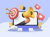 istock Digital social marketing. Computer with social network interface. Hand holds a megaphone. Search and attraction. 1357349331