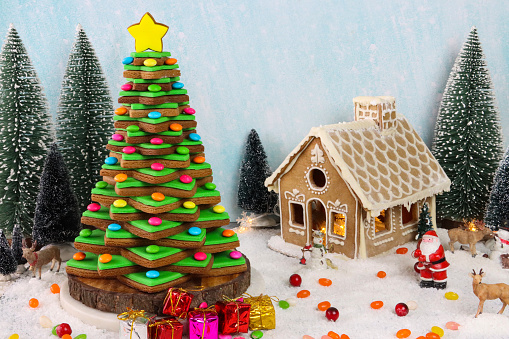 Stock photo showing a close-up view of a homemade, gingerbread house decorated with white royal icing besides a Christmas tree made from a stack of star shaped gingerbread biscuits, decorated with green royal icing and multi-coloured candy coated chocolate sweets against a snowy blue background. Home baking concept.