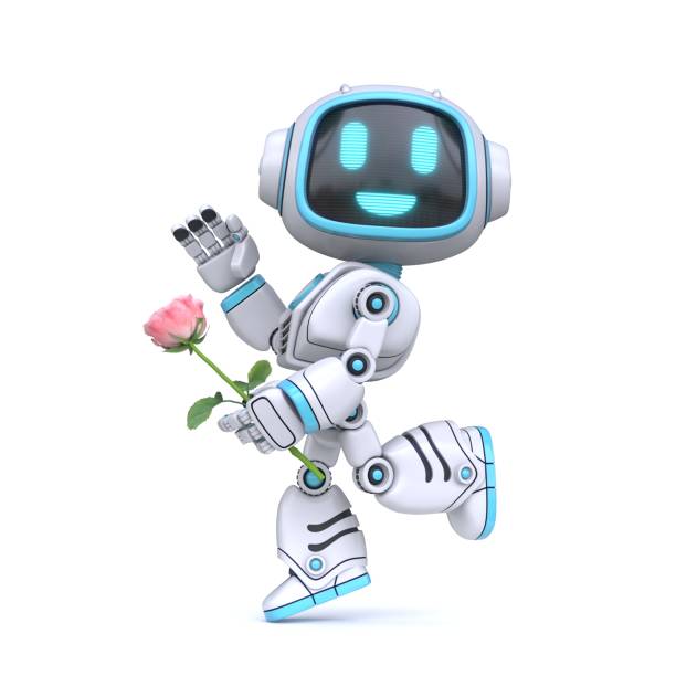 istock Cute blue robot in love hold rose 3D 1357350923