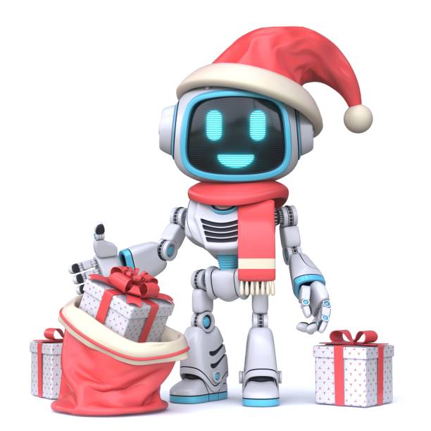 istock Cute blue robot with New Years gifts 3D 1357350925