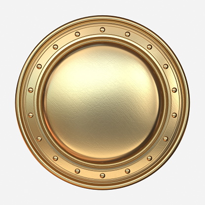 Golden circular shield 3D rendering illustration isolated on white background