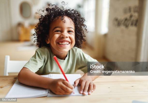 Smiling African American Child School Boy Doing Homework While Sitting At Desk At Home Stock Photo - Download Image Now