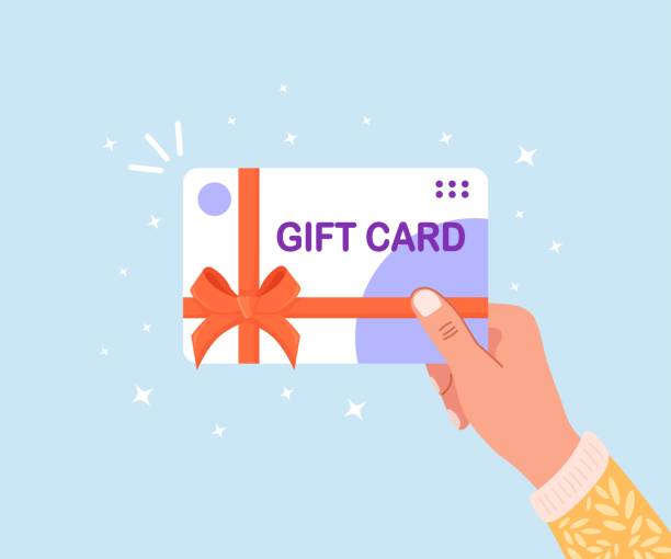Human hand hold gift card, voucher or coupon. Shopping discount certificate for customers. Vector illustration Human hand hold gift card, voucher or coupon. Shopping discount certificate for customers. Vector illustration holding illustrations stock illustrations
