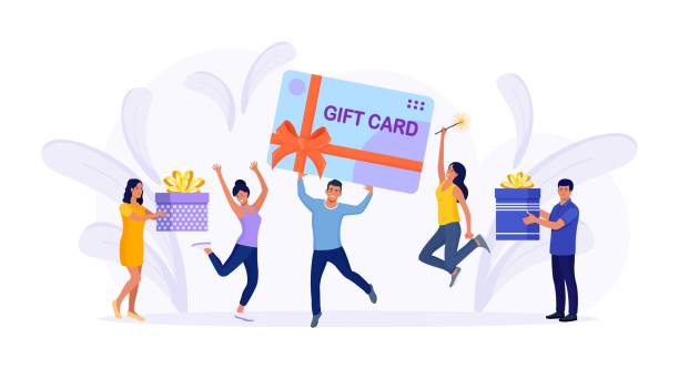 tiny cheerful people with big gift card, present box. customer happy about discount card, coupon, voucher, certificate. earn loyalty program points and get online reward and gifts or bonus. vector illustration - 平價店 插圖 幅插畫檔、美工圖案、卡通及圖標