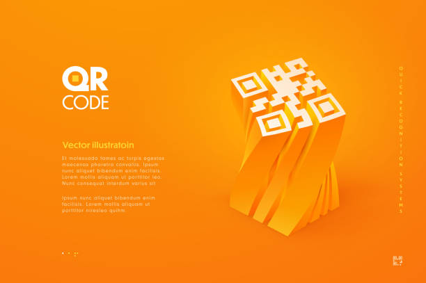 3d qr code vector illustration. Three dimensional barcode on the orange background with abstract typography 3d qr code vector illustration. Three dimensional barcode on the orange background with abstract typography. qr barcode generator stock illustrations