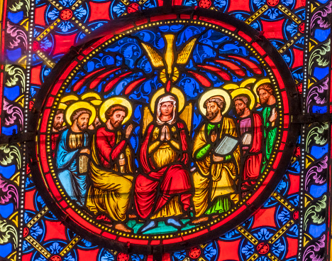 Colorful Virgin Mary Disciples Holy Spirit Stained Glass Basilica Bayeux Cathedral Our Lady of Bayeux Church Bayeux Normandy France. Church consecrated in 1077