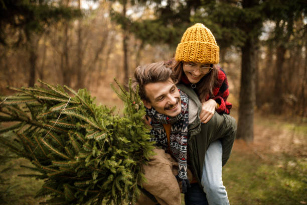 istock Happy young couple having fun while carrying their Christmas tree home 1357360408