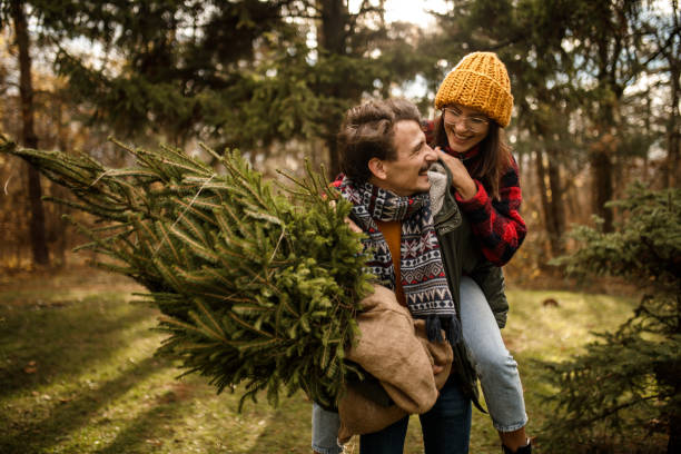 istock Happy couple enjoying while carrying Christmas tree home on sunny December day 1357360417