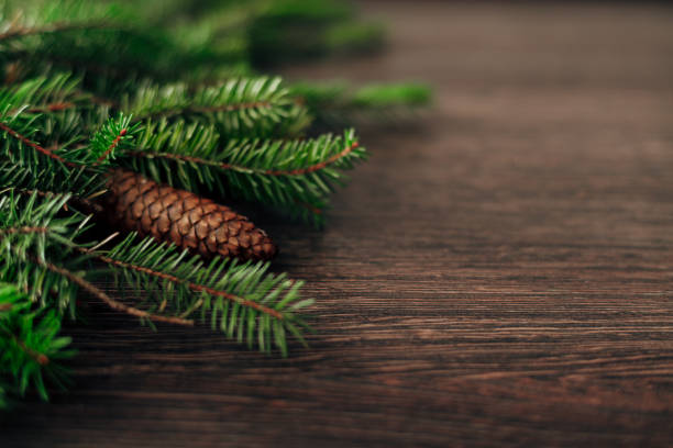 istock Decoration of Christmas Tree Branches on a Brown Background with CopySpace 1357360502