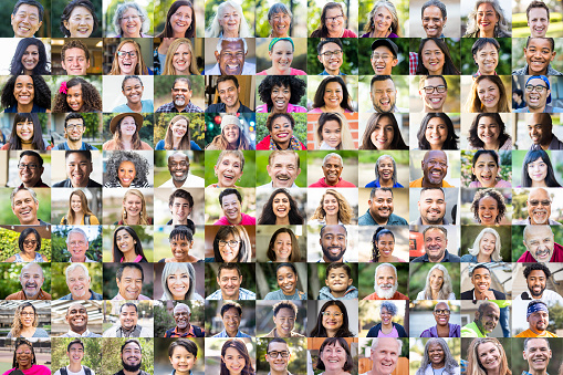A diverse collection of 110 portraits, all are positive or smiling, laughing.
