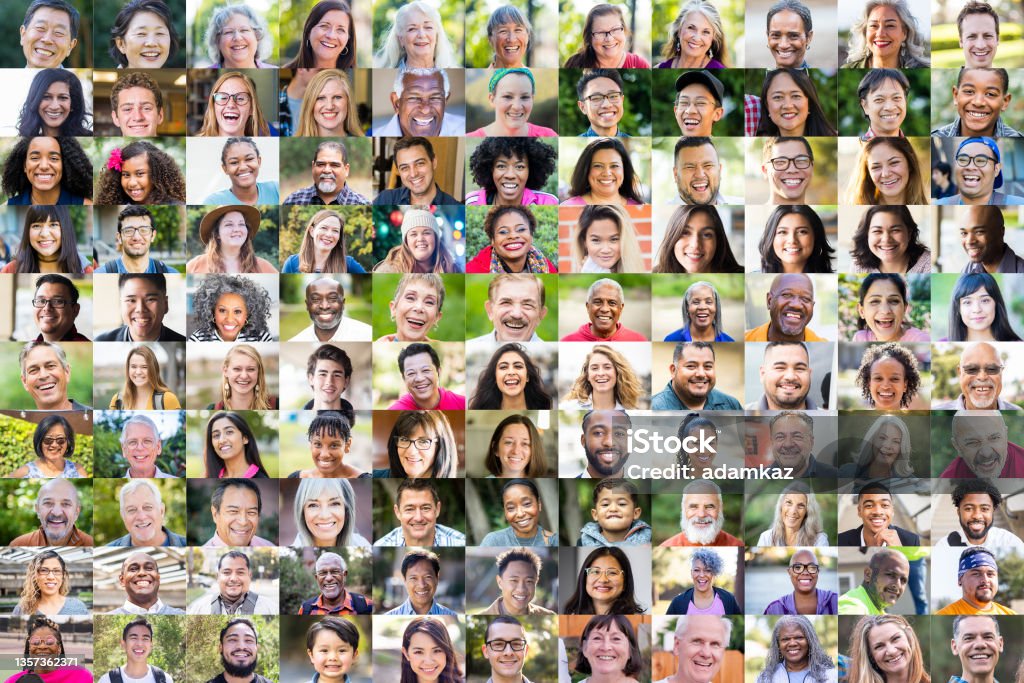 Diverse Human Faces A diverse collection of 110 portraits, all are positive or smiling, laughing. Image Montage Stock Photo