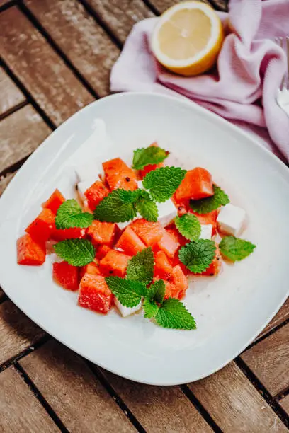 Vegan Feta-Watermelon-Salad with Mint-Leaves