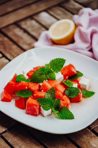 Vegan Feta-Watermelon-Salad with Mint-Leaves