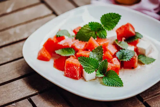 Vegan Feta-Watermelon-Salad with Mint-Leaves