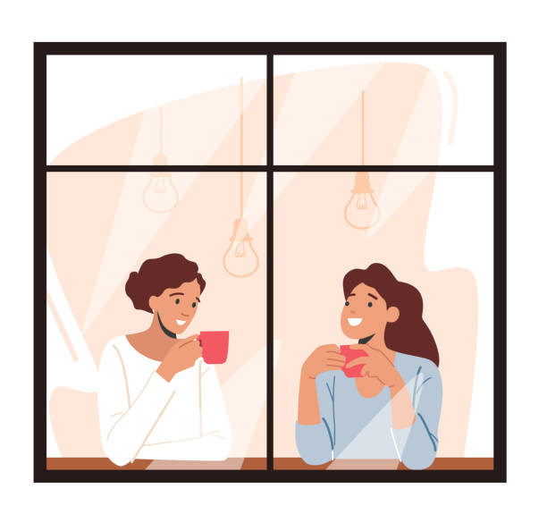Young Women Looking Through the Window of Home or Cafe Drinking Coffee or Tea Holding Cups in Hands, Girlfriends Meeting Young Women Looking Through the Window of Home or Cafe Drinking Coffee or Tea Holding Cups in Hands. Girlfriends Characters Meeting for Communication and Chatting. Cartoon People Vector Illustration coffee drink stock illustrations