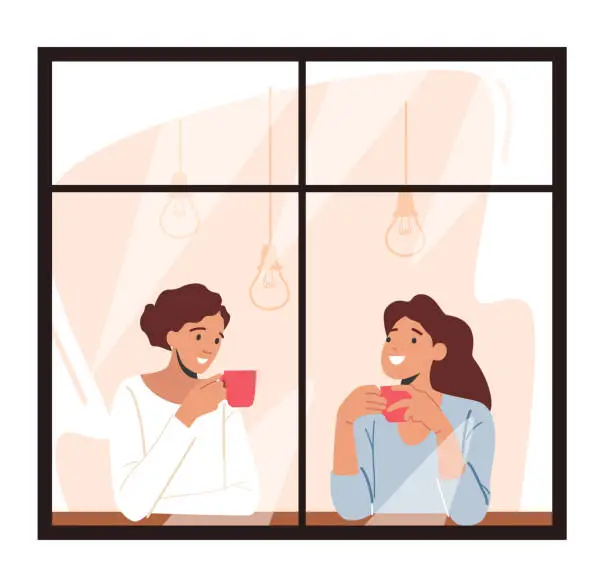 Vector illustration of Young Women Looking Through the Window of Home or Cafe Drinking Coffee or Tea Holding Cups in Hands, Girlfriends Meeting