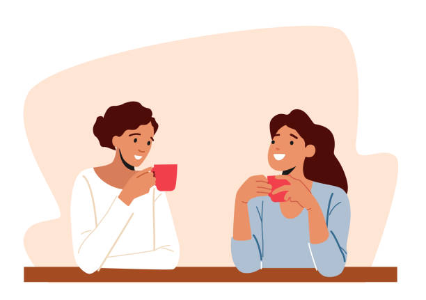 Young Women Meeting at Home or Cafe Drinking Coffee or Tea Holding Cups in Hands. Girlfriends Characters Meeting Young Women Meeting at Home or Cafe Drinking Coffee or Tea Holding Cups in Hands. Girlfriends Characters Meeting for Communication and Chatting, Weekend Sparetime. Cartoon People Vector Illustration coffee drink stock illustrations