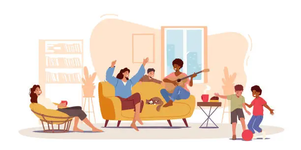 Vector illustration of Moms Girlfriend at Home, Happy Family Characters Laughing, Playing Guitar, Mother, her Friends and Children Tell Stories