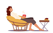 istock Female Character Relaxing in Comfortable Soft Round Chair with Coffee or Tea Cup in Hands. Woman Enjoying Weekend 1357365682