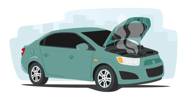illustrations, cliparts, dessins animés et icônes de accident de voiture sur la route, stand d’automobile cassé sur le bord de la route avec capot ouvert et vapeur, situation de la circulation urbaine avec auto - panne de voiture
