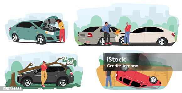 istock People in Car Accident on Road, Driver Characters Stand on Roadside with Broken Automobile, Open Hood and Steam 1357365685