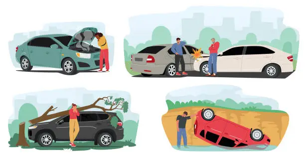 Vector illustration of People in Car Accident on Road, Driver Characters Stand on Roadside with Broken Automobile, Open Hood and Steam