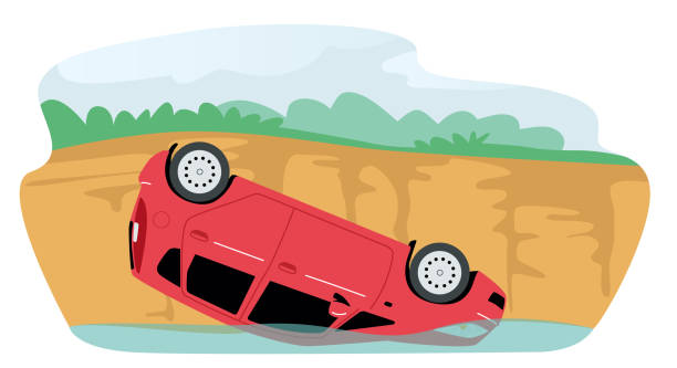 Broken Car Fall from Cliff into Water, Automobile Lying on Roof. Accident, Dangerous Insurance Situation, Damage Broken Car Fall from Cliff into Water, Automobile Lying on Roof. Accident, Dangerous Insurance Situation, Accidental Damage at Countryside Area, Crashed Property, Hazard. Cartoon Vector Illustration car crash accident cartoon stock illustrations