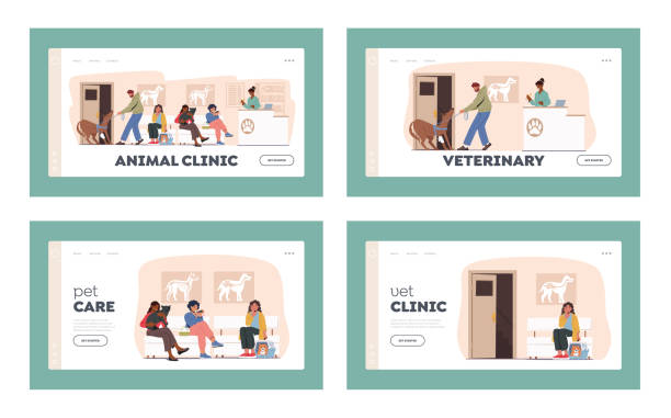 동물 병원 방문 페이지 템플릿 세트. 치료를 위한 수의학 클리닉에서 애완 동물을 가진 사람들. 애완동물을 가진 캐릭터 - pets dog office vet stock illustrations