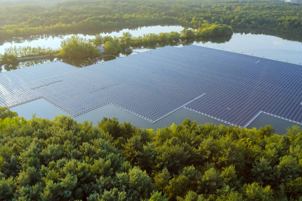 istock Aerial view of floating solar panels platform system on the lake 1357369158