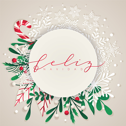 Winter themed frame made of snowflakes, leaves, pine needles, mistletoe, holly and candy cane. Hand lettered Christmas greeting in Spanish. EPS10 vector illustration, global colors, easy to modify.