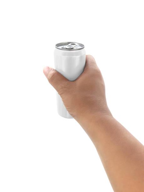 istock Man holding aluminum can on white background 1357377783