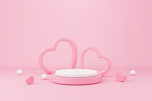 Abstract minimal scene with podium and backdrop shape heart in studio lighting pink background. Product presentation showcase, Mock up stage, Cosmetic product display, Podium. 3d rendering