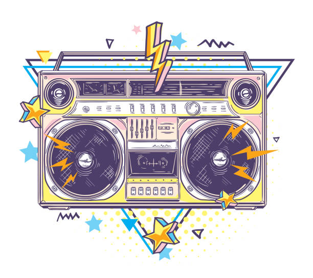 istock Funky colorful 80s drawn boom box music emblem 1357388657