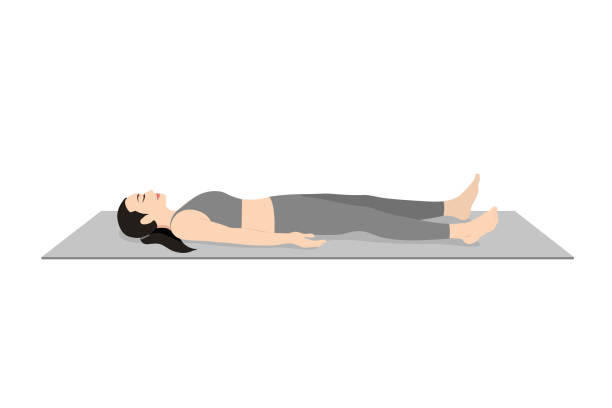 ilustrações de stock, clip art, desenhos animados e ícones de corpse pose, prasarita balasana, beautiful girl practice savasana - yoga meditating women exercise mat